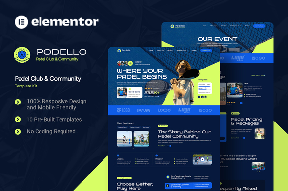 Podello - Padel Club & Community Elementor Template Kit 1.0